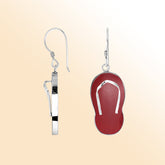 Sterling silver red coral flip flop earrings with coral inlay, handmade beach jewelry for women.
